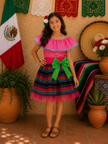 SET PATRIO TUTU CON BLUSA CAMPESINA ROSA CON POMPON AZUL, FALDA RAYAS NEGRA