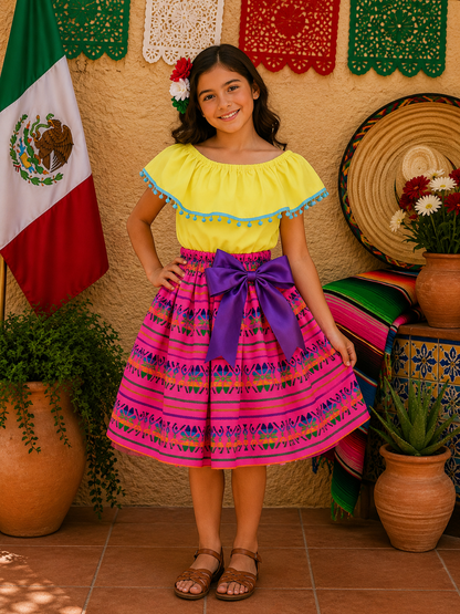 SET PATRIO TUTU CON BLUSA CAMPESINA AMARILLA CON POMPON AZUL, FALDA RAYAS ROSA