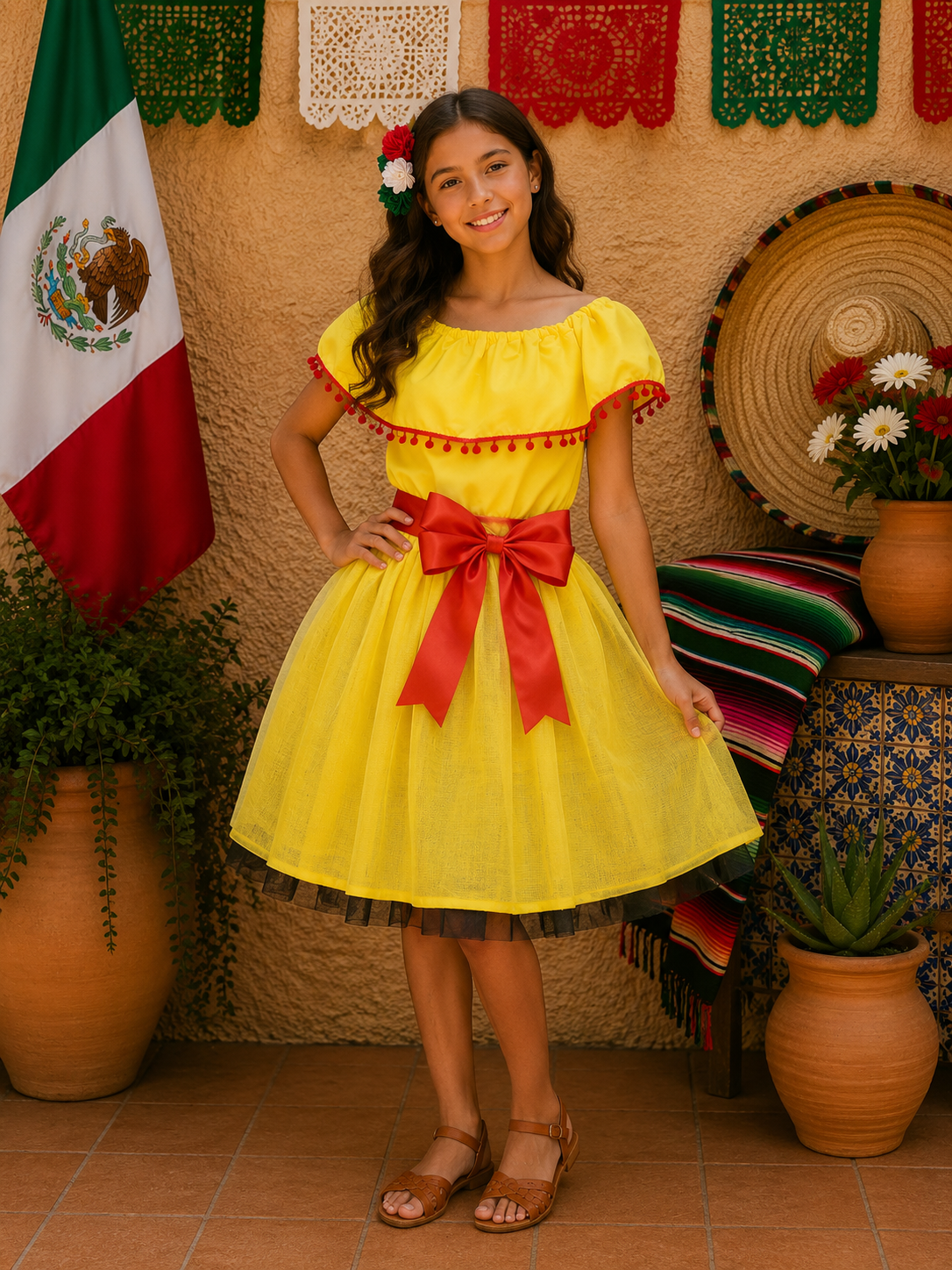 SET PATRIO TUTU CON BLUSA CAMPESINA AMARILLA POMPON ROJO, FALDA AMARILLO CAMBAYA