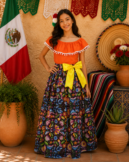 SET FALDA ADELITA FLORES BLUSA CAMPESINA NARANJA POMPON BLANCO