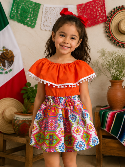 SET PATRIO TUTU CON BLUSA CAMPESINA NARANJA POMPON BLANCO, FALDA BLANCA ELEMENTOS MEXICANOS