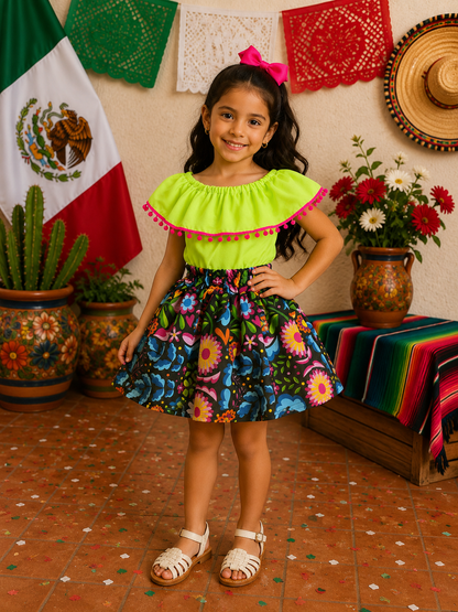 SET PATRIO TUTU CON BLUSA CAMPESINA NEON POMPON ROSA, FALDA NEGRA ELEMENTOS MEXICANOS