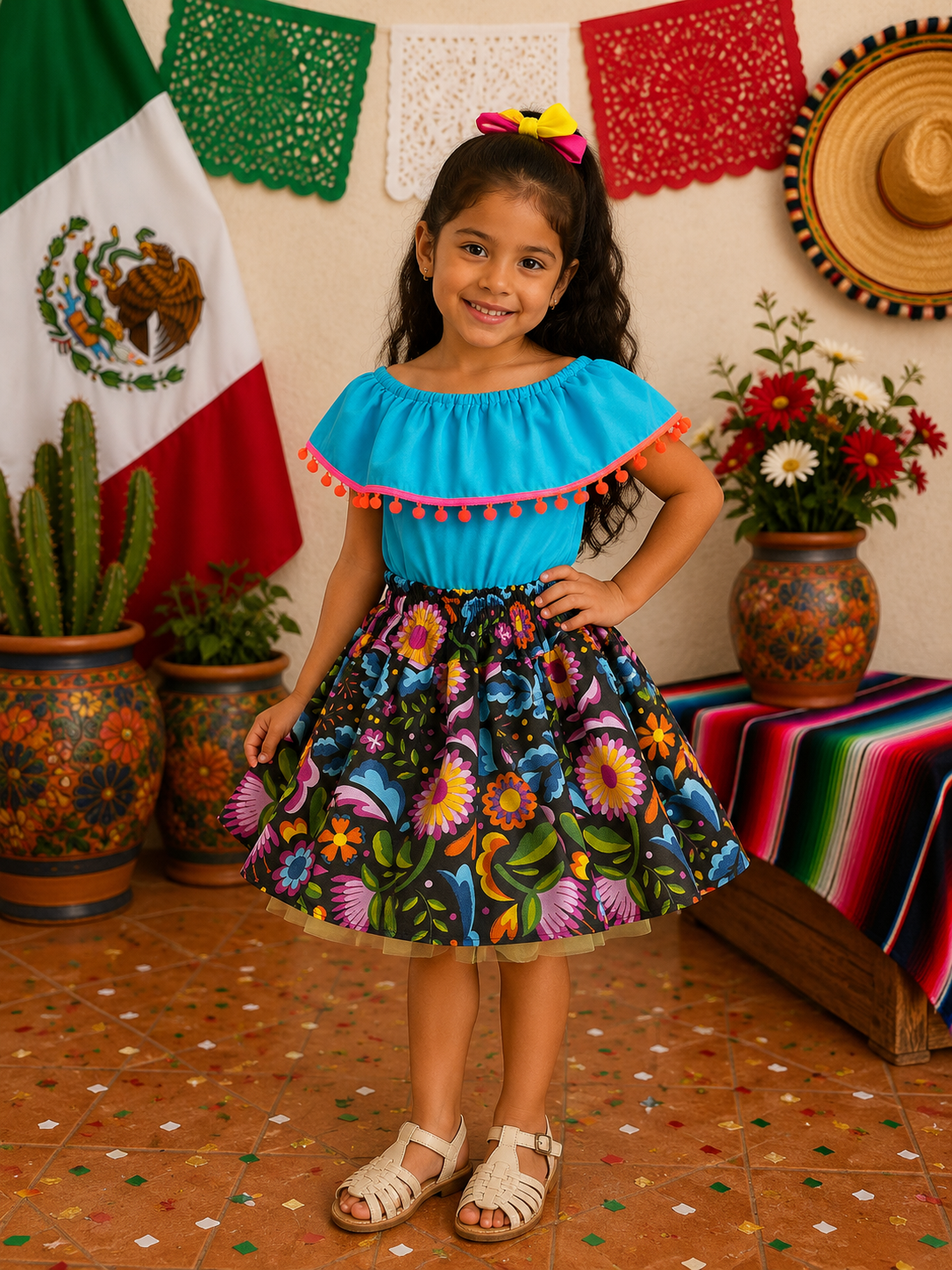 SET PATRIO TUTU CON BLUSA CAMPESINA AZUL POMPON ARCOIRIS, FALDA NEGRA ELEMENTOS MEXICANOS