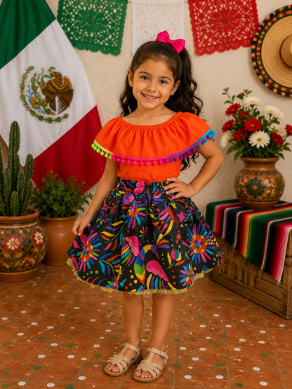 SET PATRIO TUTU CON BLUSA CAMPESINA NARANJA POMPON ARCOIRIS, FALDA NEGRA ELEMENTOS MEXICANOS