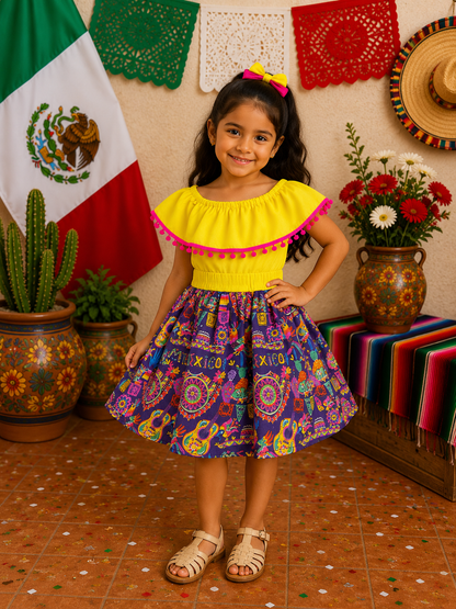SET PATRIO TUTU CON BLUSA CAMPESINA AMARILLA POMPON ROSA, FALDA MORADA ELEMENTOS MEXICANOS