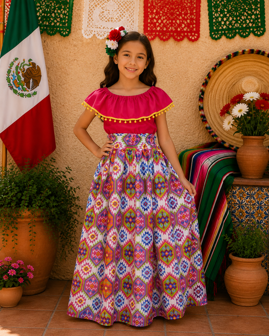 SET FALDA ADELITA CUADROS BLUSA CAMPESINA ROSA POMPON AMARILLO