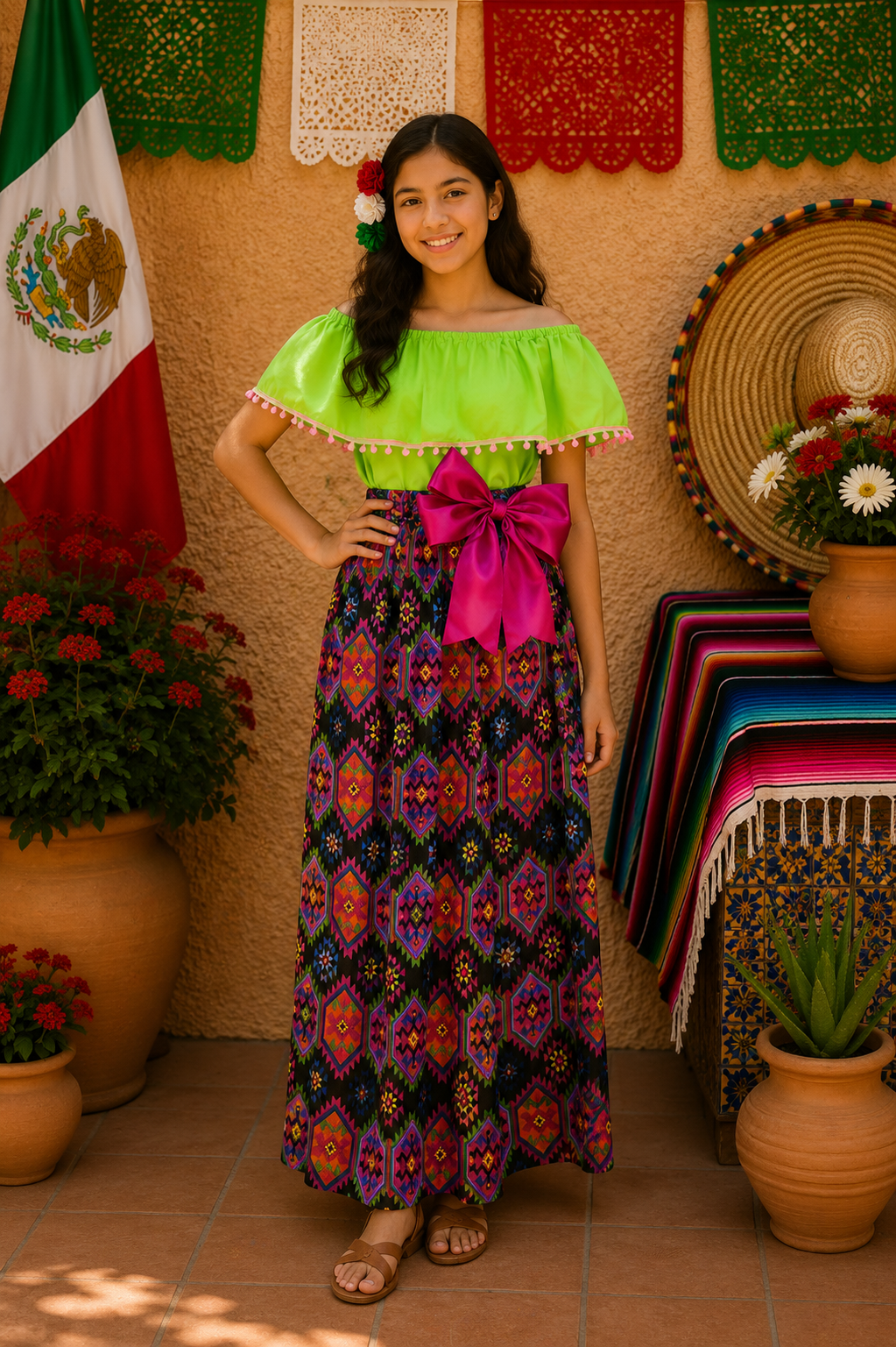 SET FALDA ADELITA  CUADROS  BLUSA CAMPESINA VERDE POMPON ROSA
