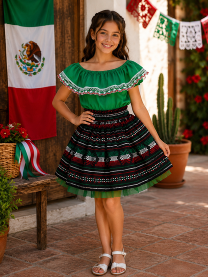 SET PATRIO TUTU CON BLUSA CAMPESINA VERDE ENCAJE TRICOLOR FALDA CAMBAYA NEGRA