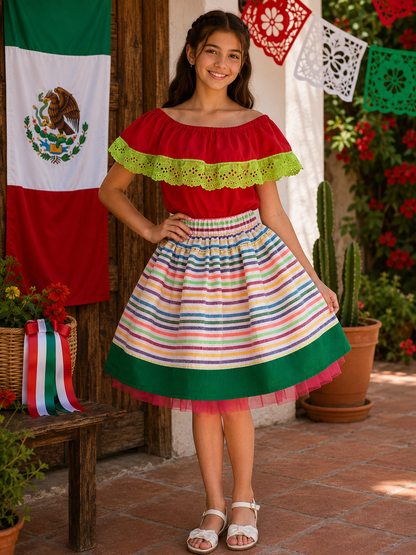 SET PATRIO TUTU CON BLUSA CAMPESINA ROJA ENCAJE VERDE, FALDA RAYAS BLANCA