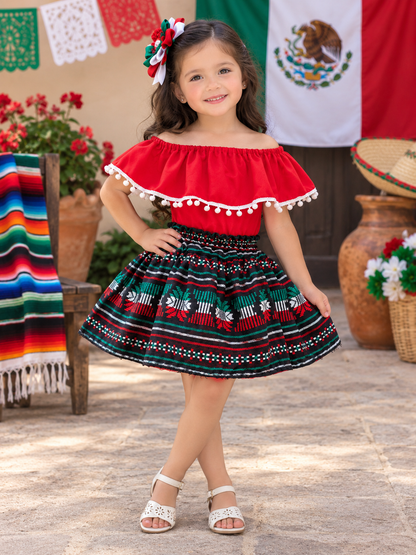 SET PATRIO TUTU CON BLUSA CAMPESINA ROJA POMPON BLANCO FALDA RAYAS CAMBAYA