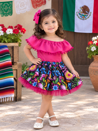 SET PATRIO TUTU CON BLUSA CAMPESINA ROSA POMPON ROSA, FALDA FLORES NEGRA