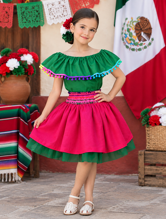 SET PATRIO TUTU CON BLUSA CAMPESINA VERDE POMPON ARCOIRIS, FALDA CAMBAYA ROSA