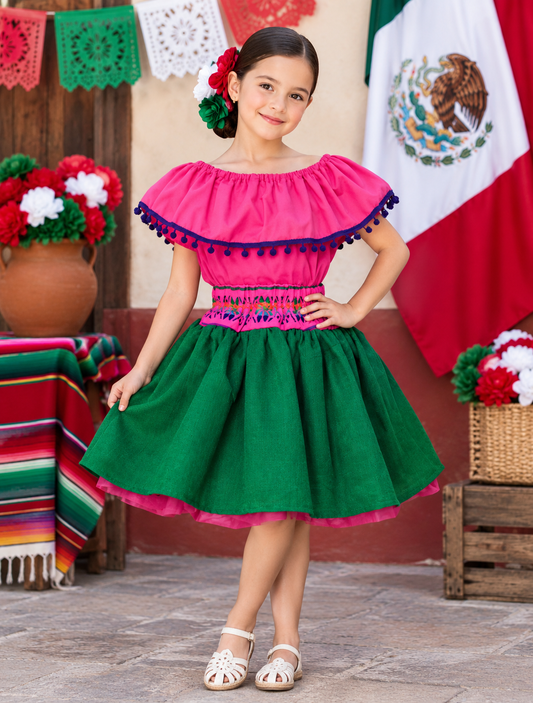 SET PATRIO TUTU CON BLUSA CAMPESINA ROSA POMPON MORADO, FALDA VERDE CAMBAYA