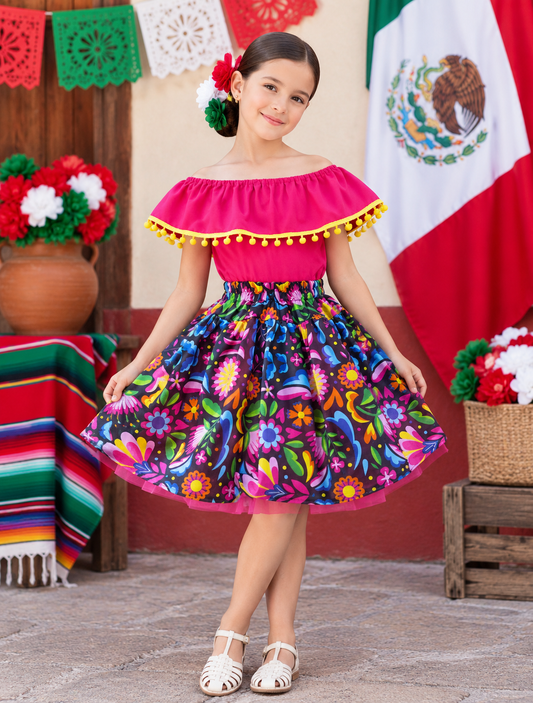 SET PATRIO TUTU CON BLUSA CAMPESINA ROSA POMPON AMARILO FALDA CAMBAYA NEGRA