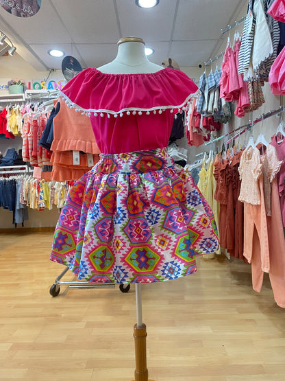 SET PATRIO TUTU CON BLUSA CAMPESINA ROSA POMPON BLANCO FALDA CORTA BLANCO GEOMETRIAS
