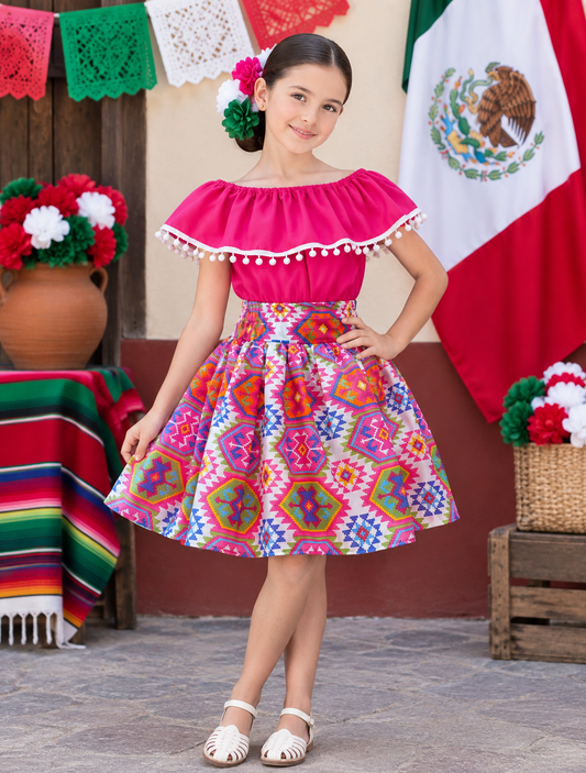 SET PATRIO TUTU CON BLUSA CAMPESINA ROSA POMPON BLANCO FALDA CORTA BLANCO GEOMETRIAS