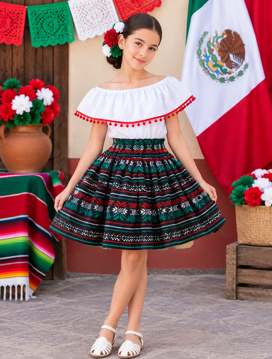SET PATRIO TUTU CON BLUSA CAMPESINA BLANCA POMPON ROJO, FALDA RAYAS CAMBAYA