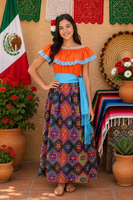 SET FALDA ADELITA CUADROS  BLUSA CAMPESINA NARANJA ENCAJE AZUL