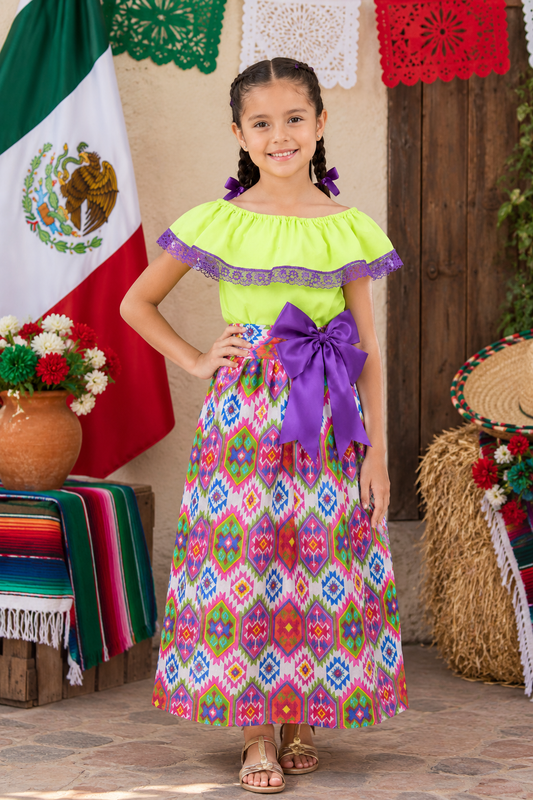 SET FALDA ADELITA GEOMETRIA   BLUSA MANGA CAMPESINA ENCAJE MORADO