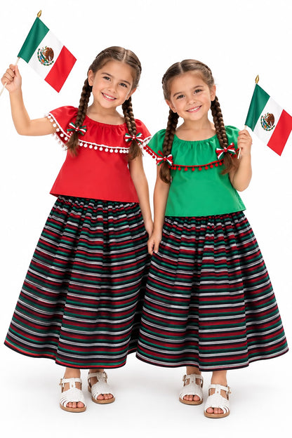 SET FALDA ADELITA BLUSA CAMPESINA ROJA O VERDE FALDA CAMBAYA NEGRO A RAYAS