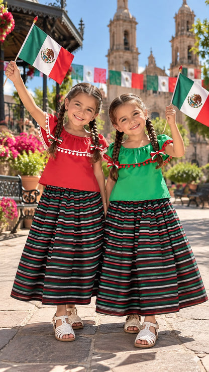 SET FALDA ADELITA BLUSA CAMPESINA ROJA O VERDE FALDA CAMBAYA NEGRO A RAYAS