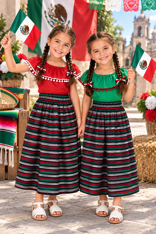 SET FALDA ADELITA BLUSA CAMPESINA ROJA O VERDE FALDA CAMBAYA NEGRO A RAYAS