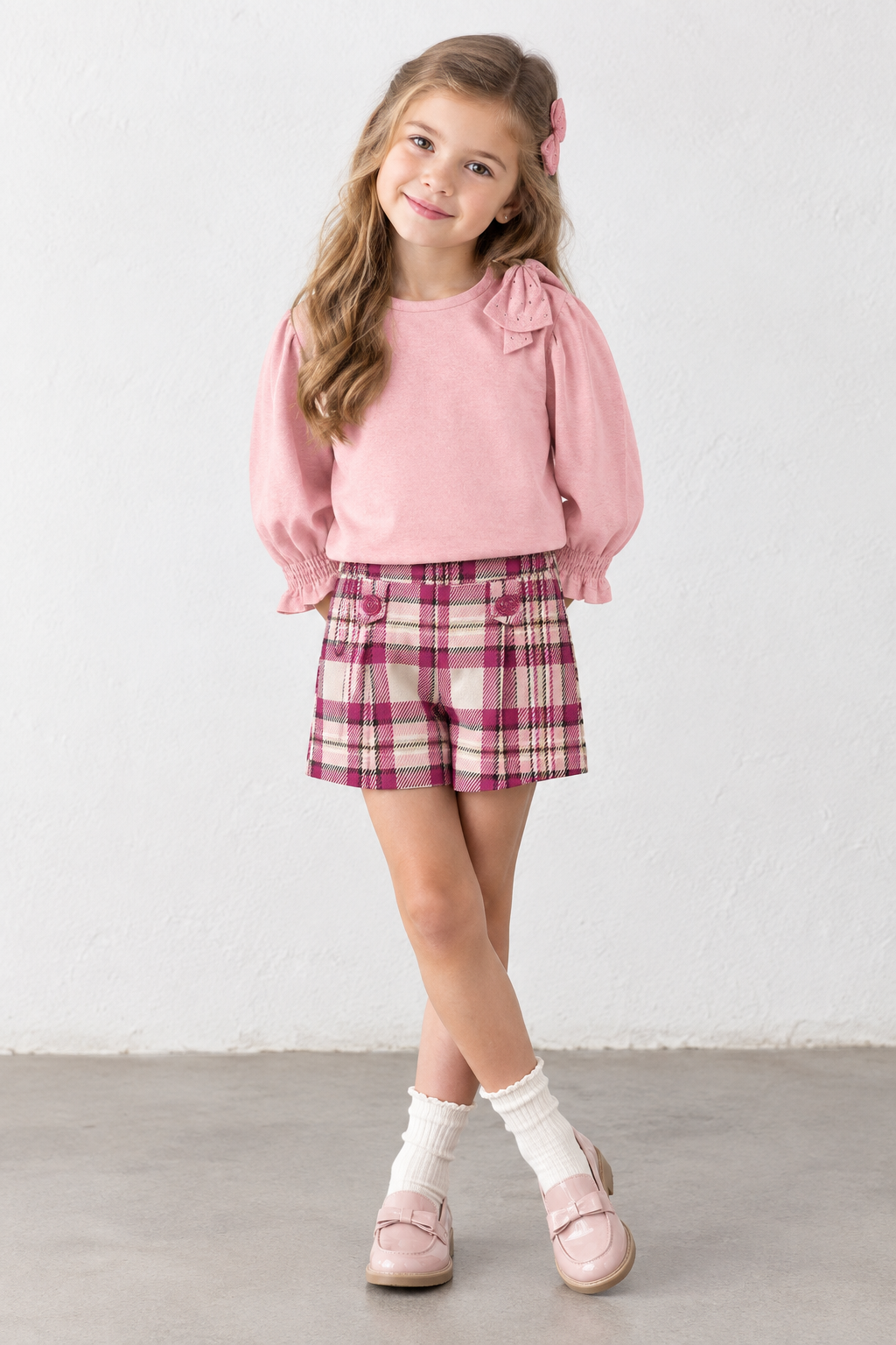 Set 2 piezas  + falda cuadros + camiseta lazo