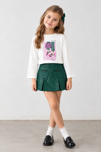 Set 2 piezas  + falda polipiel verde + camiseta manga larga