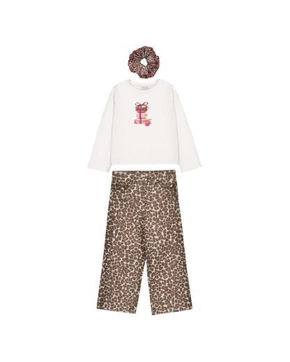 Set 2 piezas  + pantalon recto print + camiseta manga larga + scriunchie