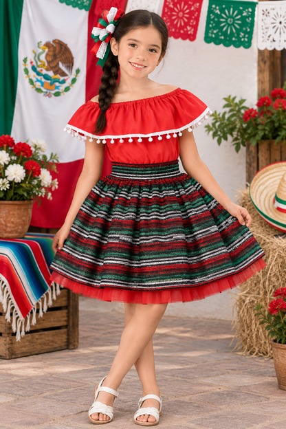 SET PATRIO TUTU CON BLUSA CAMPESINA ROJA POMPON BLANCO, FALDA CAMBAYA RAYAS