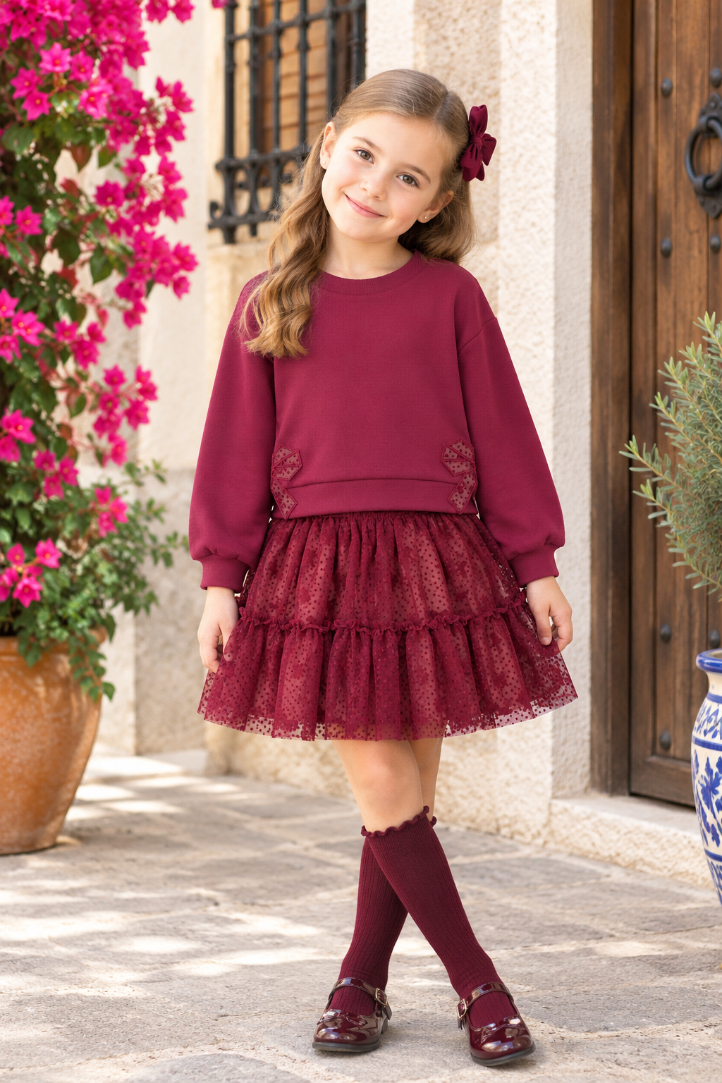 Conjunto falda tul y sudadera framboise