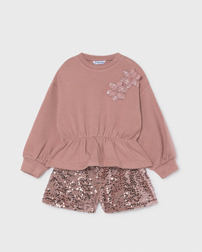 Conjunto jersey  + short lentejuela rosa cuarzo
