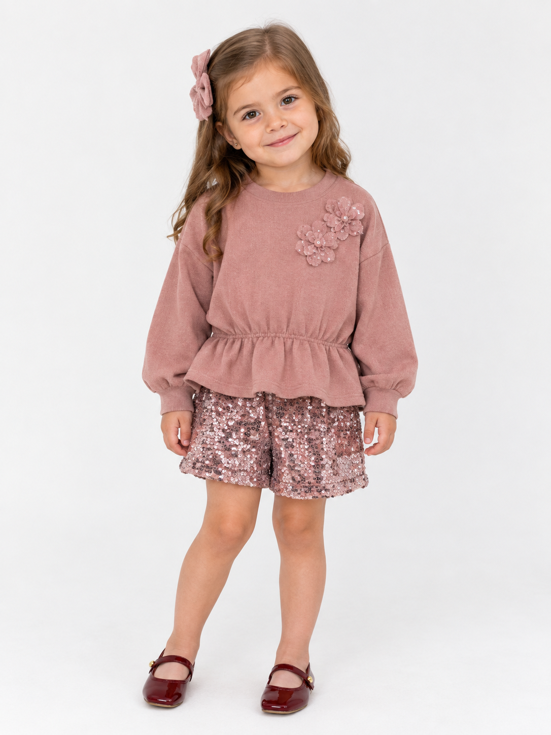 Conjunto jersey  + short lentejuela rosa cuarzo