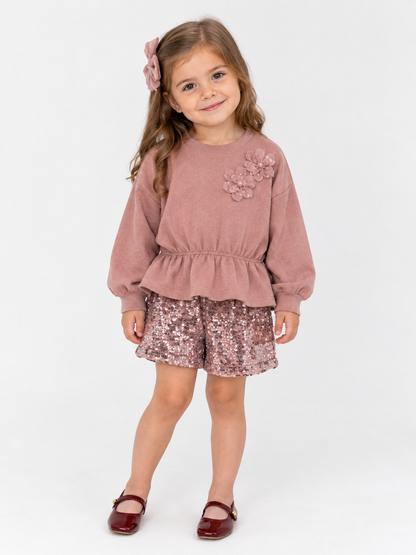 Conjunto jersey  + short lentejuela rosa cuarzo