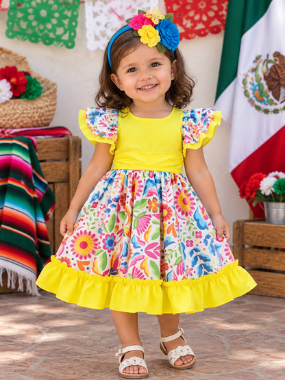 VESTIDO ADELITA TIPICO PATRIO ELEGANTE PETO AMARILLO FALDA  FLORES BLANCA