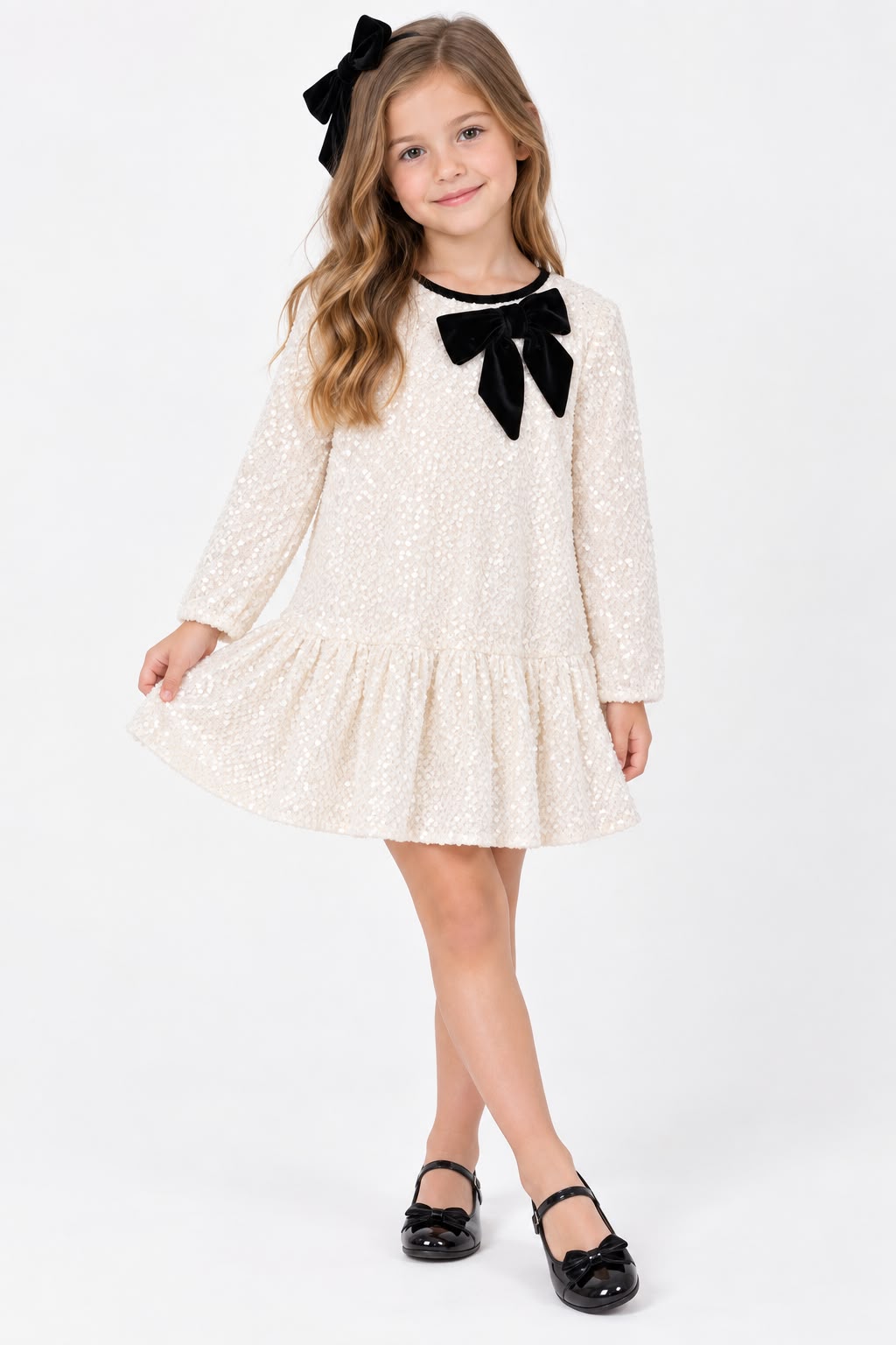 Vestido terciopelo lentejuelas lazo negro en cuello