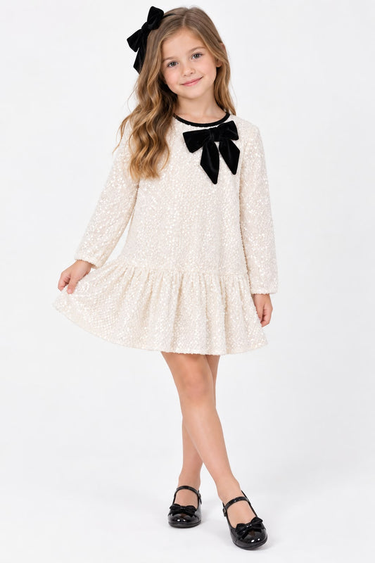 Vestido terciopelo lentejuelas lazo negro en cuello