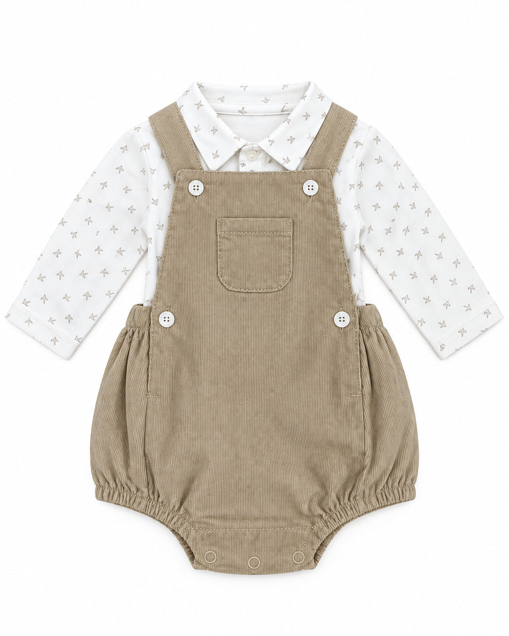 Conjunto body blanco + pañalero beige de micropana pana beige