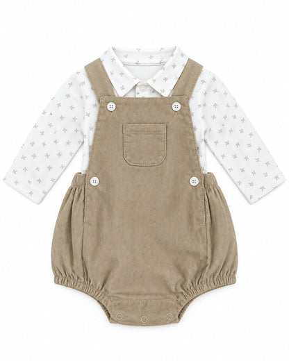 Conjunto body blanco + pañalero beige de micropana pana beige