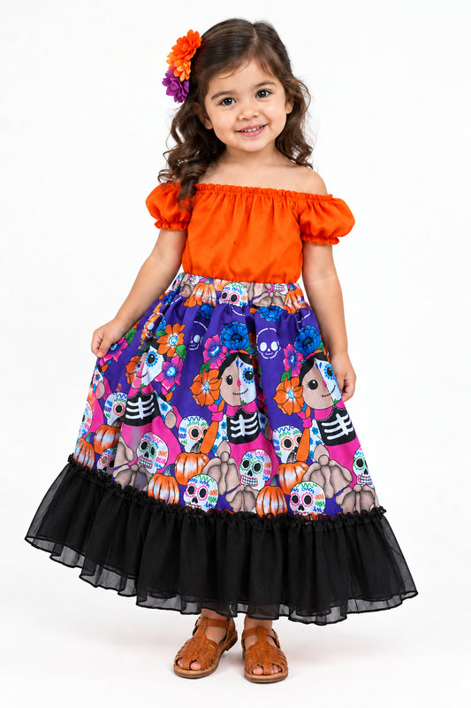SET CATRINA BLUSA NARANJA FALDA MORADA