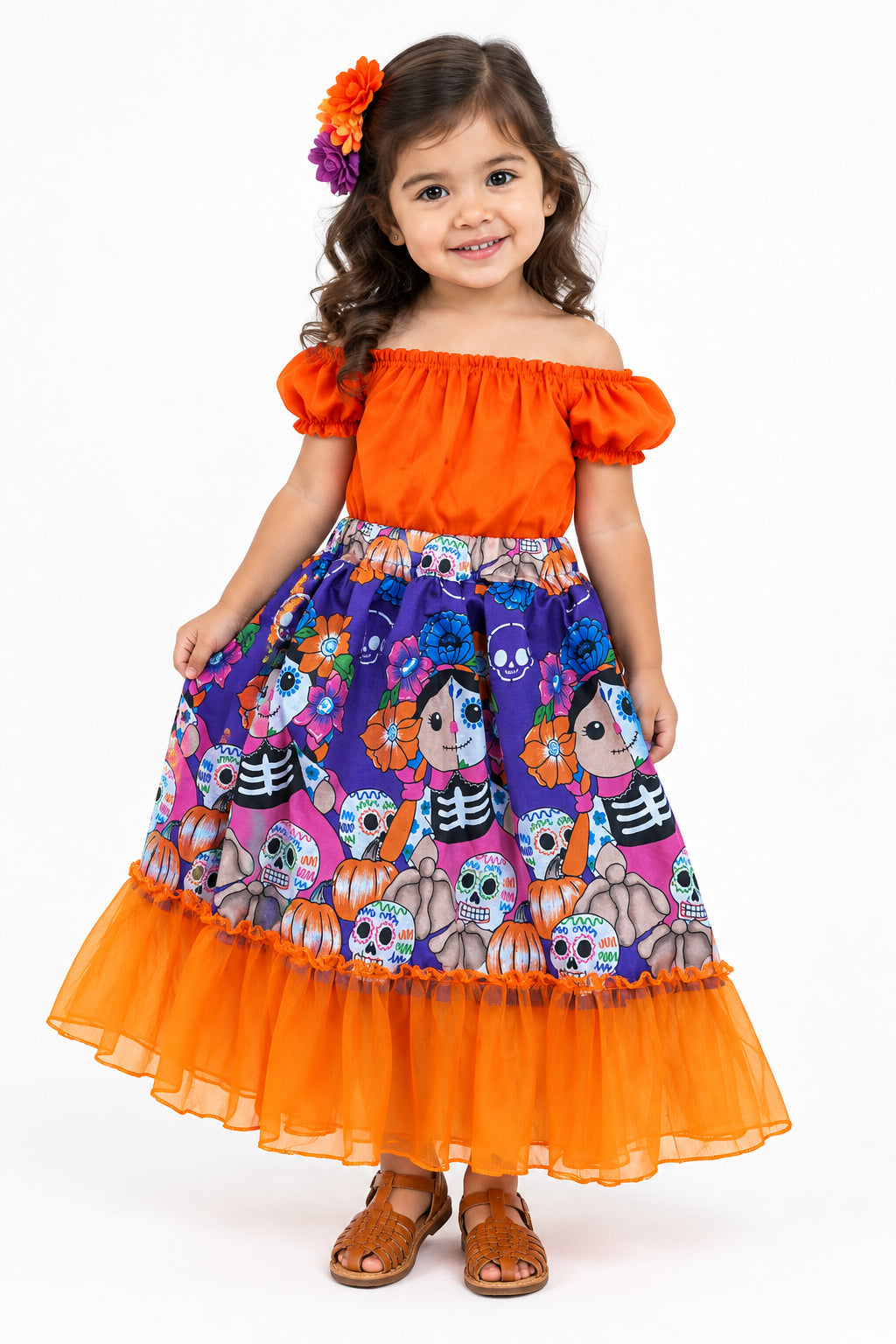 SET CATRINA BLUSA NARANJA FALDA MORADA
