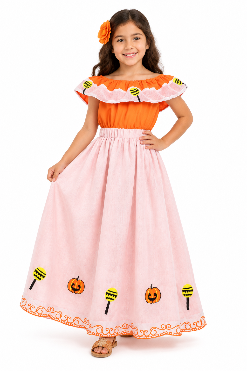 SET CATRINA BLUSA NARANJA OLAN Y FALDA BLANCA