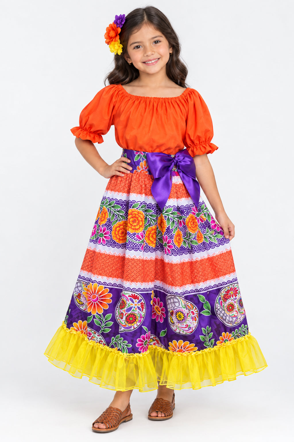 SET CATRINA BLUSA NARANJA OLAN Y FALDA OLAN AMARILLO