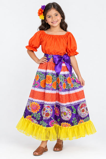 SET CATRINA BLUSA NARANJA OLAN Y FALDA OLAN AMARILLO