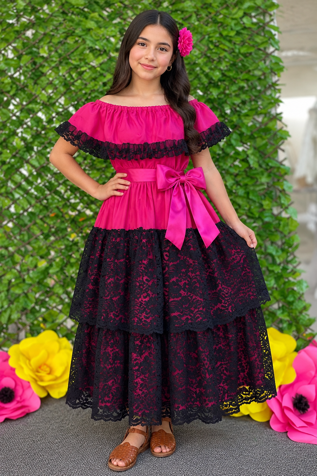 SET CATRINA BLUSA ROSA MEXICANO FALDA OLANES ENCAJE NEGRO