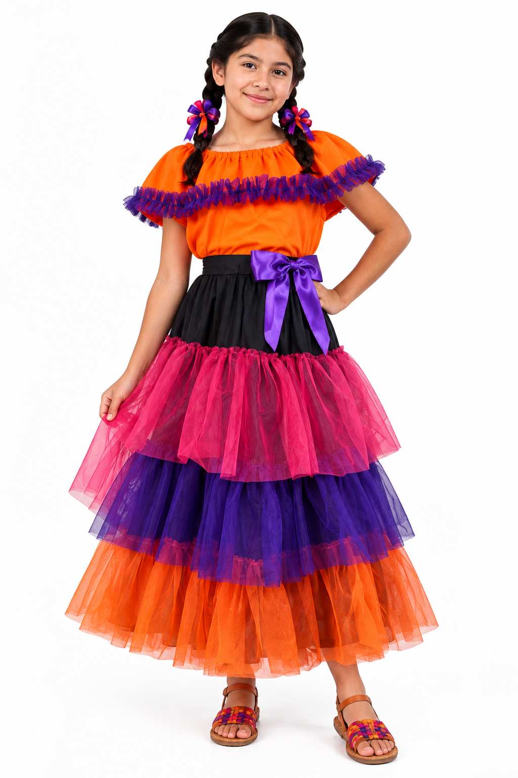 SET CATRINA BLUSA NARANJA FALDA OLANES COLORES