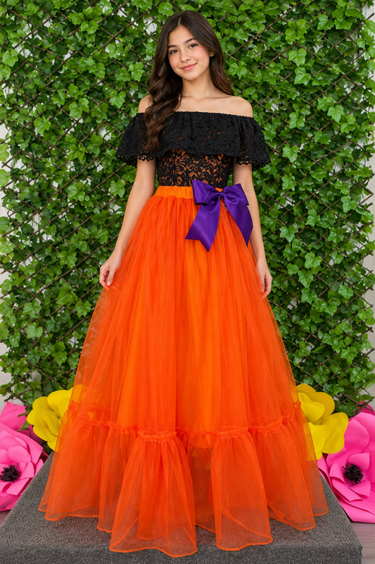 SET CATRINA BLUSAOLAN DE ENCAJE NEGRO Y FALDA TUL NARANJA