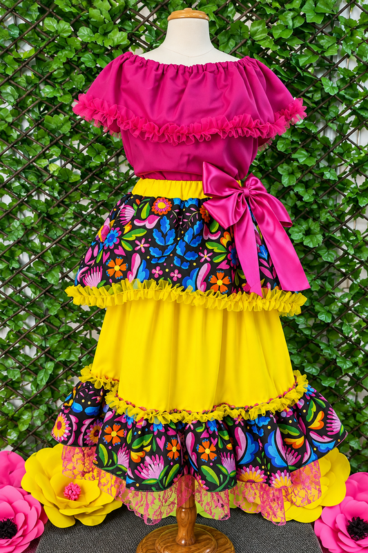 SET CATRINA BLUSA ROSA MEXICANO FALDA OLANES COLORES