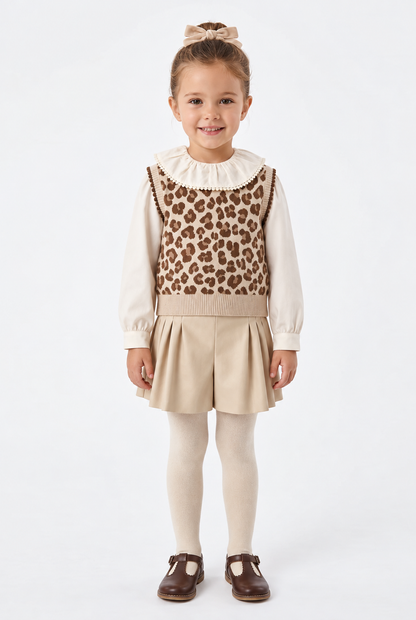 Set 3 piezas blusa + falda polipiel + chaleco tricot