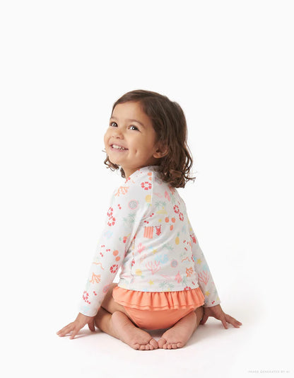 Conjunto de baño con motivo de playa para bebé y niña, blanco/naranja